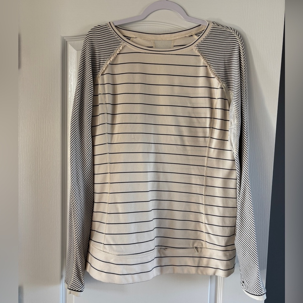 lululemon athletica Cream and grey Striped Top sz 12 with ruffle detail.